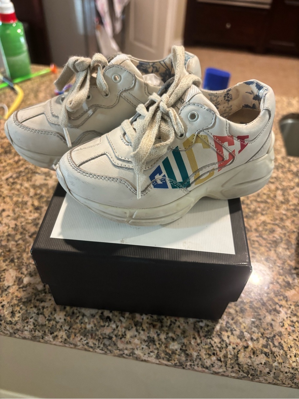 Gucci White Kids Platform Sneakers with Rainbow Logo